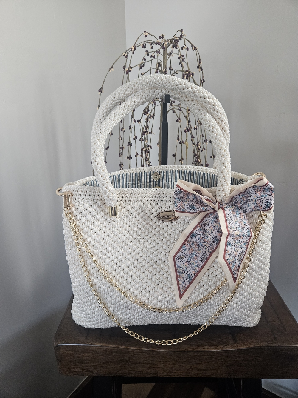 Hand Crocheted Shoulder Bag with Gold Chain and Scarf Accent
